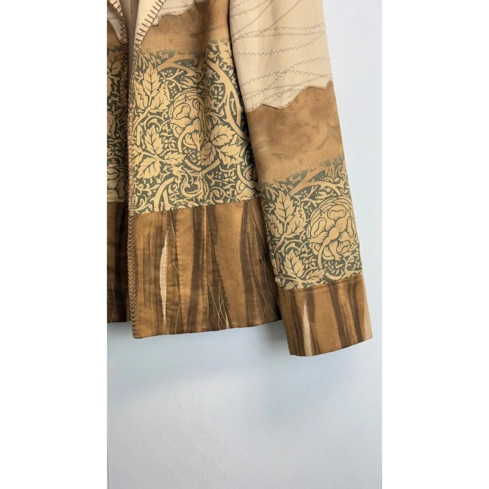 Coldwater Creek Womens Faux Suede Mixed Media Western Blazer Brown Tan Floral 14